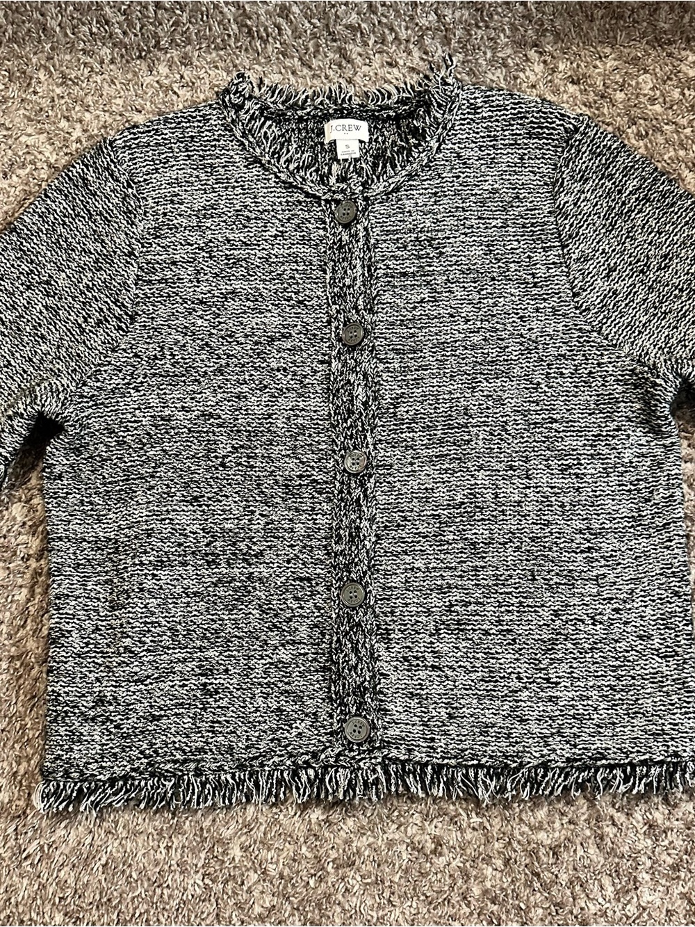 J. Crew Black & White Marled Fringe-Trim Button-Front Cardigan